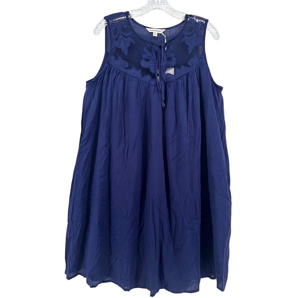 Davi & Dani NWT Blue Sleeveless Babydoll Dress Mesh Embroidery M Casual Events
